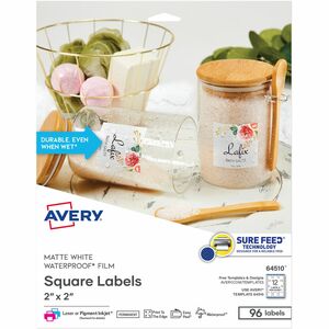 Avery Durable Waterproof Labels, 2" x 2" Square, 96 Total