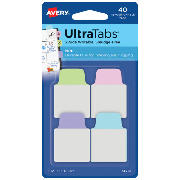 Ultra Tabs Repositionable Tabs, Mini Tabs: 1" x 1.5", 1/5-Cut, Assorted Pastel Colors, 40/Pack
