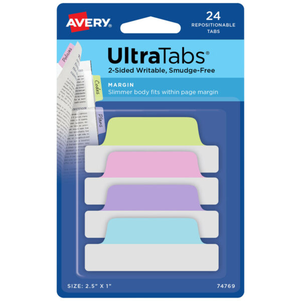 Indexing Flags & Tabs — Ultra Tabs Repositionable Tabs, Margin Tabs: 2.5″ x 1″, 1/5-Cut, Assorted Pastel Colors, 24/Pack