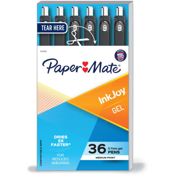 InkJoy Gel Pen, Retractable, Medium 0.7 mm, Black Ink, Black/Smoke Barrel, 36/Pack