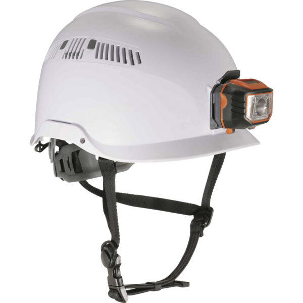 Skullerz 8975LED Class C Safety Helmet with 8981 Universal LED Headlamp, 6-Point Ratchet Suspension, White