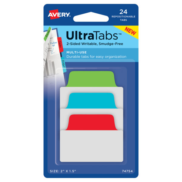 Ultra Tabs Repositionable Tabs, Standard: 2" x 1.5", 1/5-Cut, Assorted Colors (Blue, Green and Red), 48/Pack