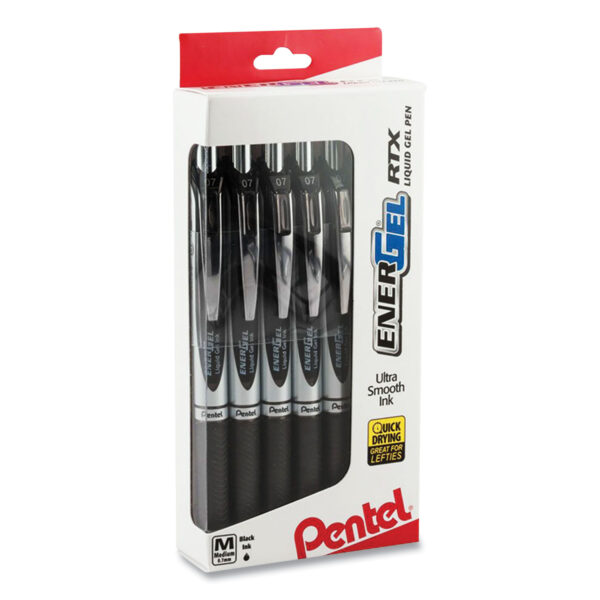 EnerGel RTX Gel Pen, Retractable, Medium 0.7 mm, Black Ink, Black/Silver Barrel, Dozen