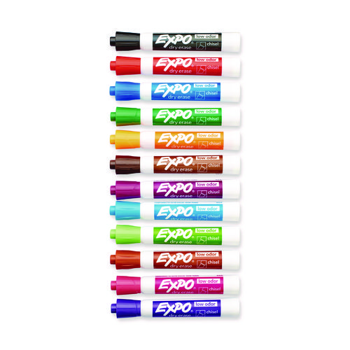 Low-Odor Dry-Erase Marker, Broad Chisel Tip, Assorted Colors, 12/Box