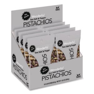 No Shells Sea Salt and Pepper Pistachios, 2.25 oz Pack, 8/Box