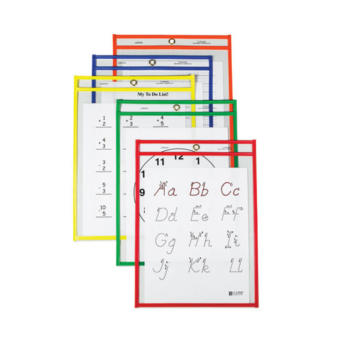 C-Line Reusable Dry Erase Pockets- Assorted Primary Colors - 9" x 12"
