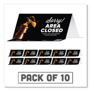 BeSafe Messaging Table Top Tent Card, 8 x 3.87, Sorry! Area Closed Thank You For Keeping A Safe Distance, Black, 10/Pack