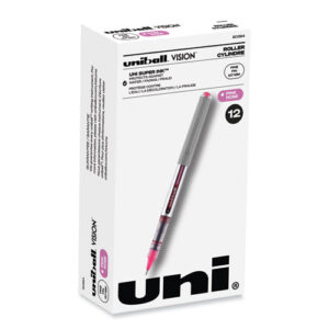 VISION Rollerball Pen, Stick, Fine 0.7 mm, Pink Ink, Silver/Pink/Clear Barrel, Dozen