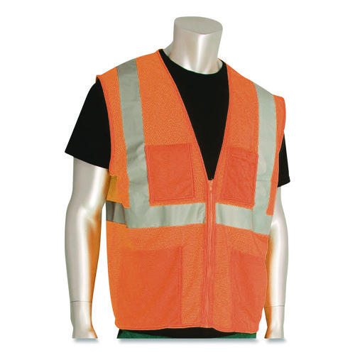 ANSI Class 2 Four Pocket Zipper Safety Vest, Polyester Mesh, Large, Hi-Viz Orange