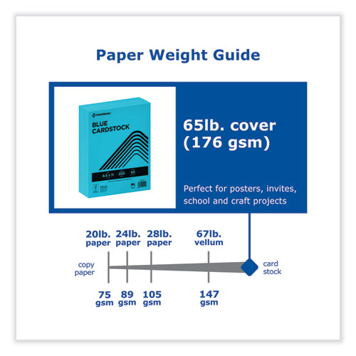 Color Cardstock, 65 lb Cover Weight, 8.5 x 11, Blue, 250/Ream