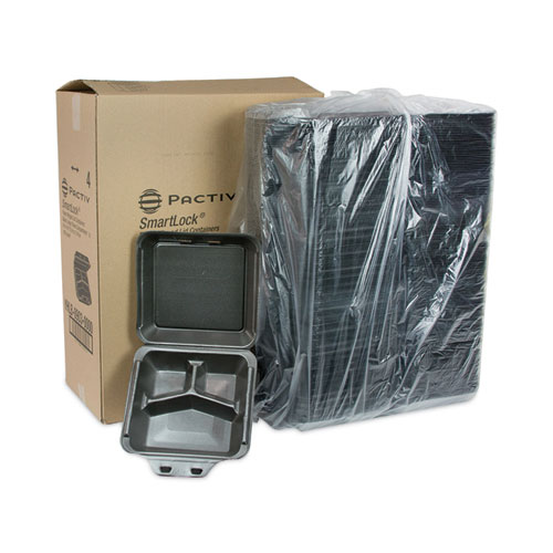 SmartLock Foam Hinged Lid Container, Large, 3 Compartments, 9 x 9.5 x 3.25, Black, 150/Carton