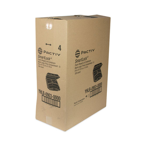 SmartLock Foam Hinged Lid Container, Large, 3 Compartments, 9 x 9.5 x 3.25, Black, 150/Carton