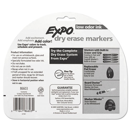 Low-Odor Dry-Erase Marker, Fine Bullet Tip, Assorted Colors, 12/Set
