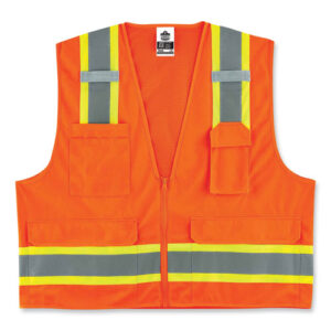 GloWear 8248Z Class 2 Two-Tone Surveyors Zipper Vest, Polyester, Small/Medium, Orange