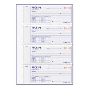 Receipt Book, Two-Part Carbonless, 7 x 2.75, 4 Forms/Sheet, 400 Forms Total
