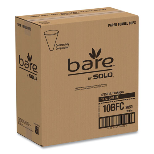Bare Eco-Forward Treated Paper Funnel Cups, 10 oz, White, 250/Bag, 4 Bags/Carton