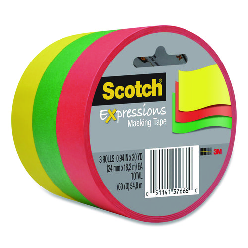 Expressions Masking Tape, 3" Core, 0.94" x 20 yds, Red, Green, Yellow, 3 Rolls/Pack