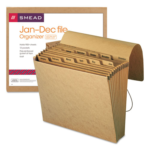 Indexed Expanding Kraft Files, 12 Sections, Elastic Cord Closure, 1/12-Cut Tabs, Letter Size, Kraft