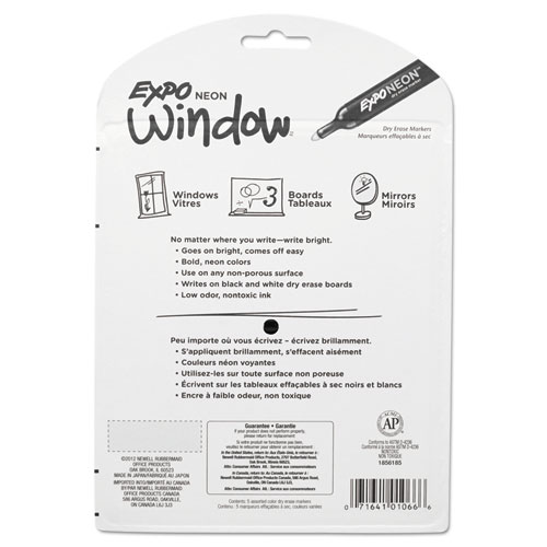 Neon Windows Dry Erase Marker, Broad Bullet Tip, Assorted Colors, 5/Pack