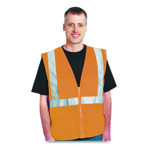 ANSI Class 2 Two-Pocket Zipper Mesh Safety Vest, Polyester Mesh, Large, Orange