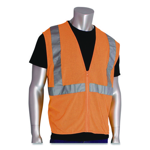ANSI Class 2 Two-Pocket Zipper Mesh Safety Vest, Polyester Mesh, Large, Orange