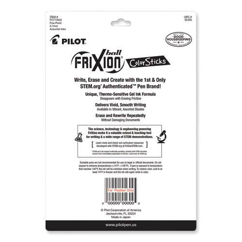 FriXion ColorSticks Erasable Gel Pen, Stick, Fine 0.7 mm, Assorted Ink and Barrel Colors, 10/Pack