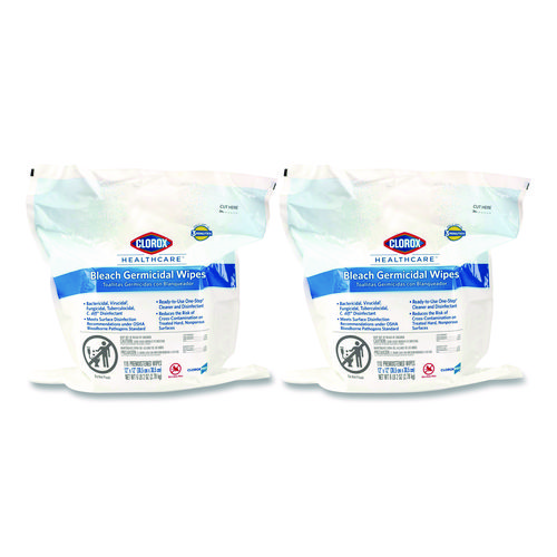 Bleach Germicidal Wipes, 1-Ply, 12 x 12, Unscented, White, 110/Refill, 2 Refills/Carton