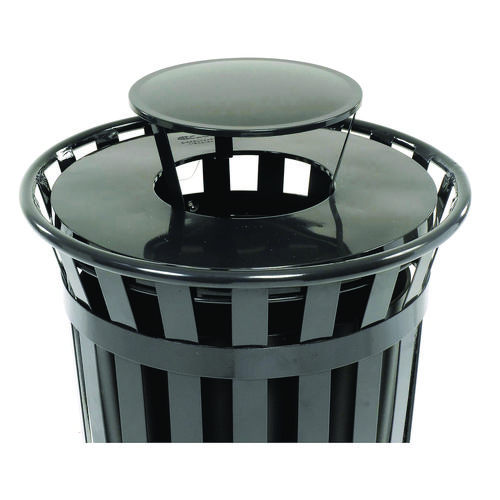 Outdoor Slatted Steel Trash Can, Rain Bonnet Lid, 36 gal, Black