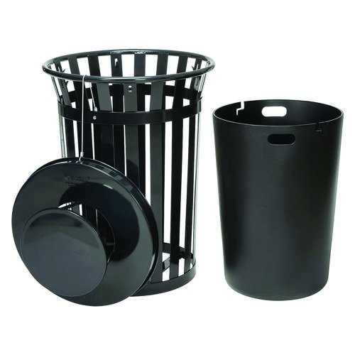 Outdoor Slatted Steel Trash Can, Rain Bonnet Lid, 36 gal, Black