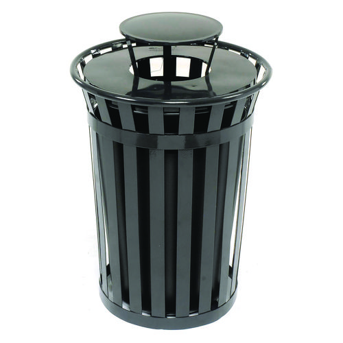 Outdoor Slatted Steel Trash Can, Rain Bonnet Lid, 36 gal, Black