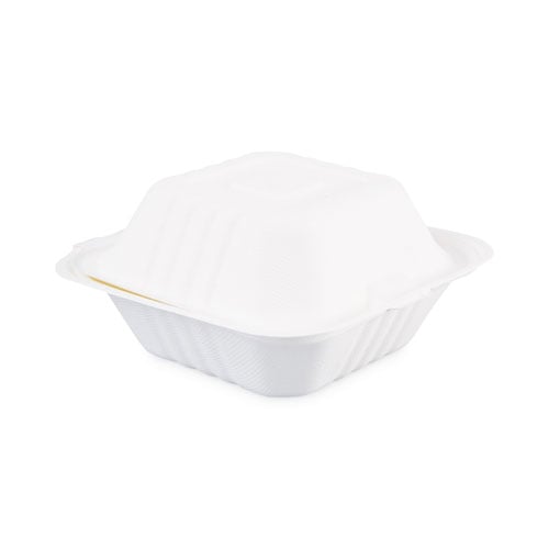 Bagasse Food Containers, Hinged Lid, 6 x 6 x 3.19, White, Sugarcane, 125/Sleeve, 4 Sleeves/Carton