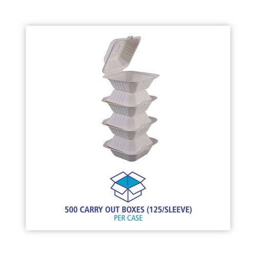 Bagasse Food Containers, Hinged Lid, 6 x 6 x 3.19, White, Sugarcane, 125/Sleeve, 4 Sleeves/Carton