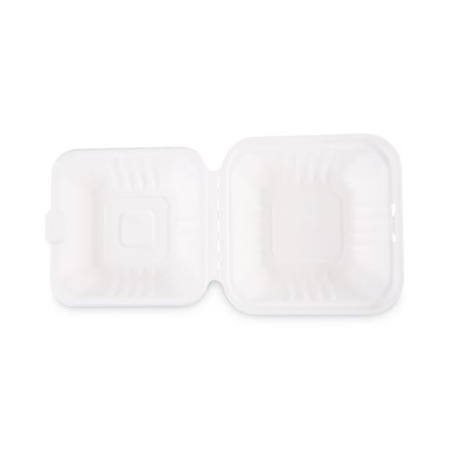Bagasse Food Containers, Hinged Lid, 6 x 6 x 3.19, White, Sugarcane, 125/Sleeve, 4 Sleeves/Carton
