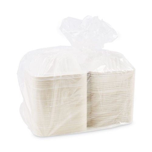 Bagasse Food Containers, Hinged Lid, 6 x 6 x 3.19, White, Sugarcane, 125/Sleeve, 4 Sleeves/Carton