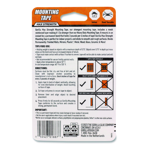 Max Strength Mounting Tape, Permanent, Holds Up to 45 lb (3 lbs per 4 in), 1 x 60, Black