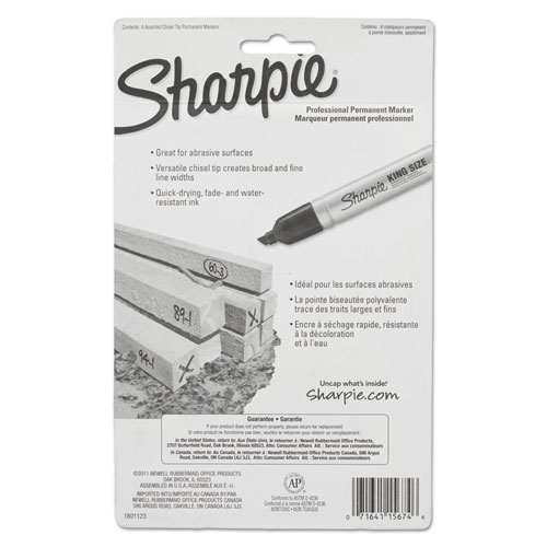 King Size Permanent Marker, Broad Chisel Tip, Assorted Colors, 4/Set