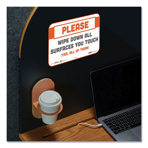 BeSafe Messaging Repositionable Wall/Door Signs, 9 x 6, Please Wipe Down All Surfaces You Touch, White, 30/Carton