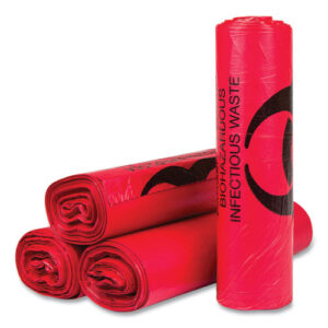 High-Density Commercial Can Liners, Infectious Waste Biohazard, 33 gal, 13 mic, 33" x 40", Red, Interleaved, 25/RL, 20 RL/CT