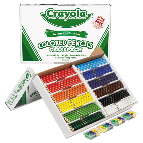 Color Pencil Classpack Set with (240) Pencils and (12) Pencil Sharpeners, 3.3 mm, 2B, Assorted Lead and Barrel Colors, 240/BX