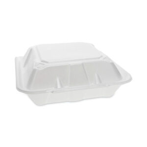 Vented Foam Hinged Lid Container, Dual Tab Lock, 3 Compartments, 9.13 x 9 x 3.25, White, 150/Carton