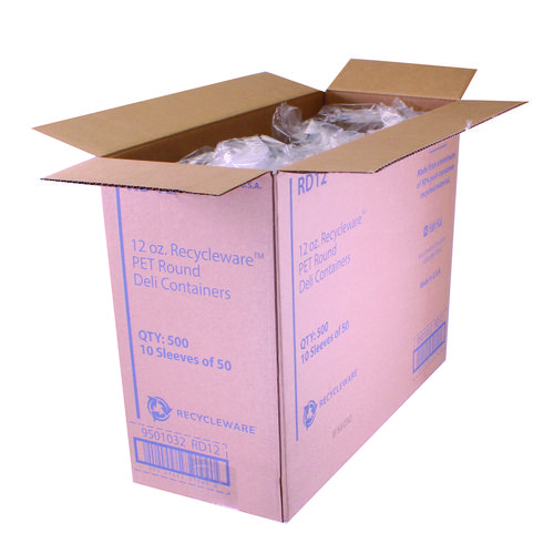 Recycleware Round Deli Container, 12 oz, 4.6" Diameter x 2.3" h, Clear, Plastic, 500/Carton