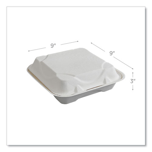 Vanguard Renewable and Compostable Sugarcane Clamshells, 9 x 9 x 3, White, 200/Carton