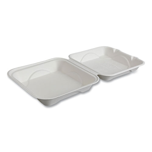 Vanguard Renewable and Compostable Sugarcane Clamshells, 9 x 9 x 3, White, 200/Carton