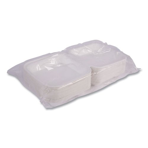 Vanguard Renewable and Compostable Sugarcane Clamshells, 9 x 9 x 3, White, 200/Carton