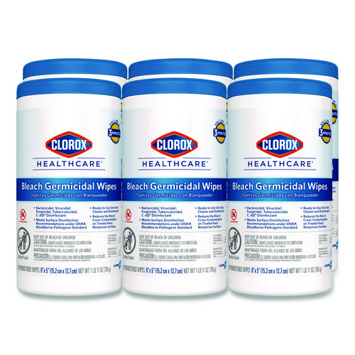 Bleach Germicidal Wipes, 1-Ply, 6 x 5, Unscented, White, 150/Canister, 6 Canisters/Carton