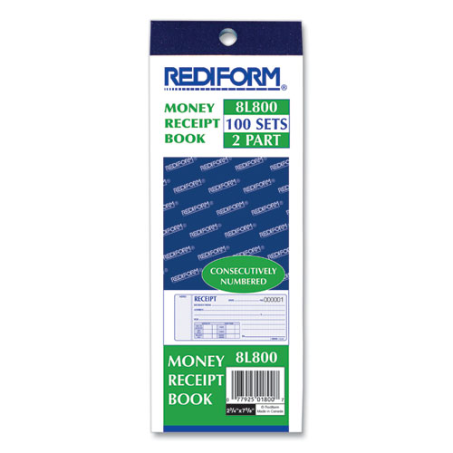 Receipt Book, Two-Part Carbonless, 7 x 2.75, 4 Forms/Sheet, 100 Forms Total