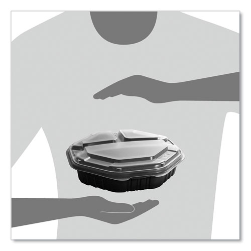 OctaView Hinged-Lid Hot Food Containers, 3 Compartments, 38 oz, 9.55 x 9.1 x 2.4, Black/Clear, Plastic, 100/Carton