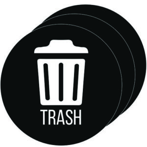 Vinyl Decals, Trash, 4" Diameter, Black/White, 3/Pack