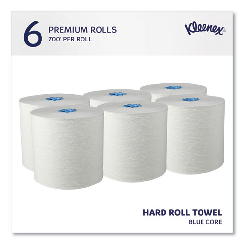 Hard Roll Paper Towels with Premium Absorbency Pockets with Colored Core, Blue Core, 1-Ply, 7.5" x 700 ft, White, 6 Rolls/CT
