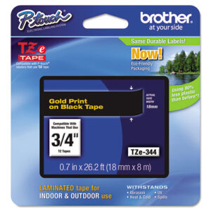 TZe Standard Adhesive Laminated Labeling Tape, 0.7" x 26.2 ft, Gold on Black